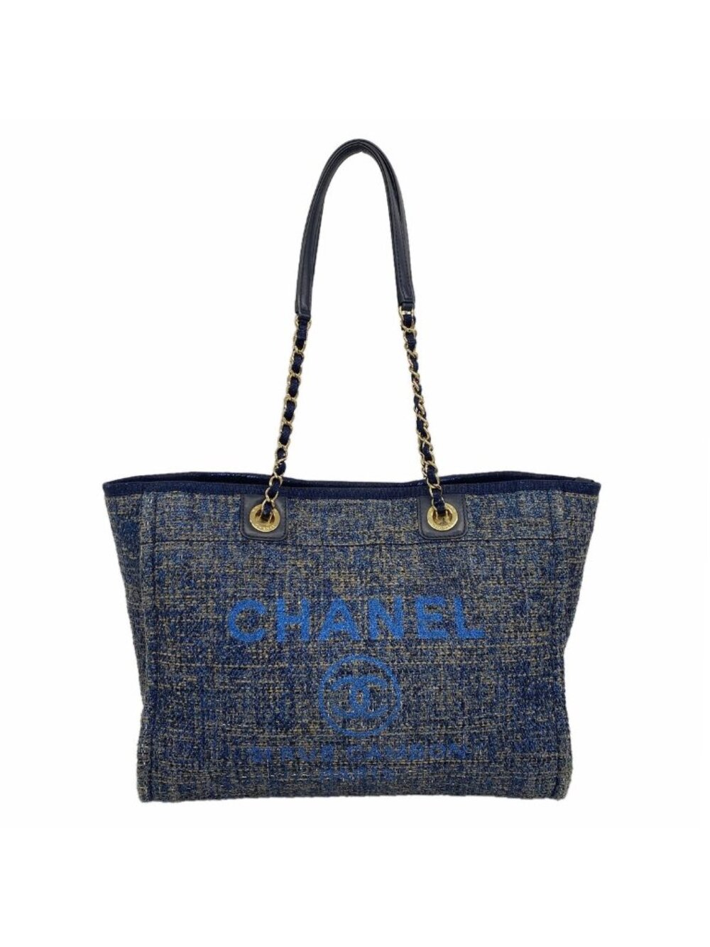Chanel Tote Bag Deauville Tweed Blue Gold